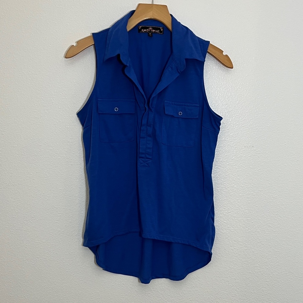 Almost Famous Sleeveless Collared Pocket Top in Royal Blue